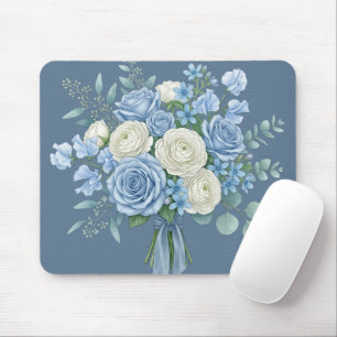 Mousepad Elegante Buquê Floral Azul e Branco em Aquarela B