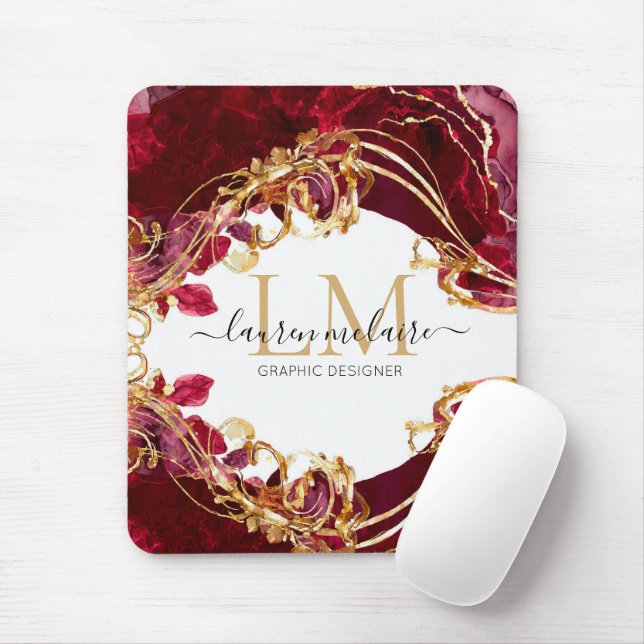 Mousepad Elegante Cereja Vermelho e Dourado Script de Monog (Com mouse)
