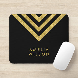 Mousepad Elegante Chevron Geométrico Nome Falso Dourado Pre