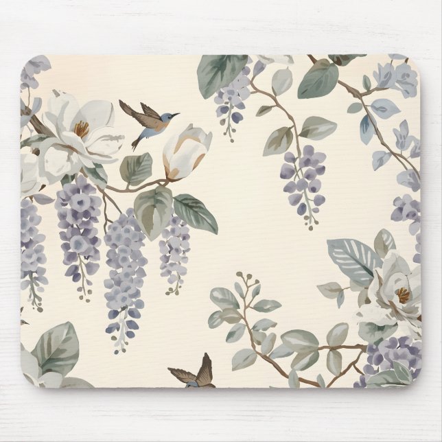Mousepad Elegante Chinoiserie de Flores e Pássaros (Frente)