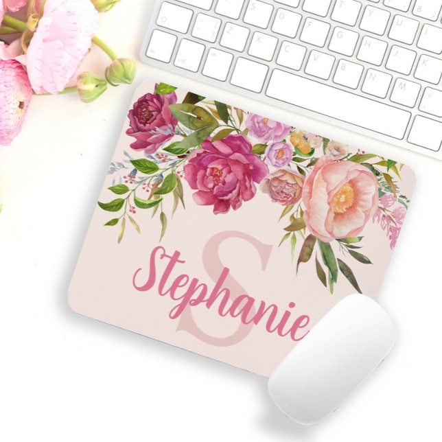 Mousepad Elegante Cor-de-rosa verde-verdinho Monograma Nome (Criador carregado)