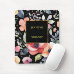 Mousepad Elegante de flores aquáticas, preto-e-ouro<br><div class="desc">Flores impermeáveis de aquarela flores pretas de rato profissional de ouro. Você pode adicionar seu próprio nome e texto à frente para personalizar.</div>