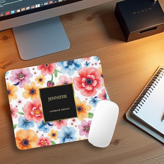 Mousepad Elegante de flores aquáticas, preto-e-ouro (Elegant watercolor flowers black gold professional mouse pad.)