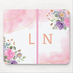 Mousepad Elegante Diário de Monograma Floral Roxo Rosa Inic
