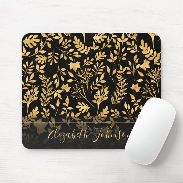 Mousepad Elegante Dourado de Folhagem Preta (Com mouse)