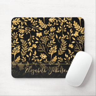 Mousepad Elegante, Dourado Design preto de folhagem