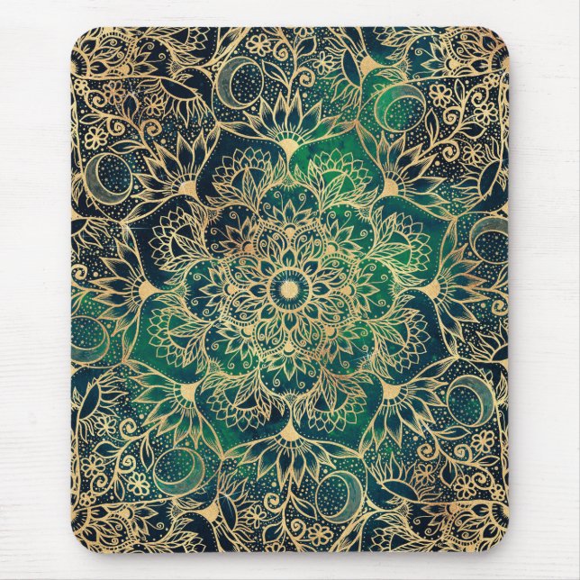 Mousepad Elegante Dourado Floral Mandala Verde Design Azul (Frente)