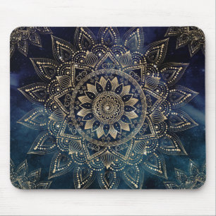 Mousepad Elegante Dourado Mandala Blue Galaxy Design