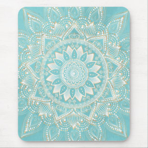 Mousepad Elegante Dourado Mandala Sky Blue Design