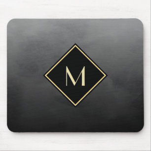 Mousepad Elegante Esmagado Preto Com Simples Monograma Dour