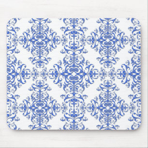 Mousepad Elegante estilo damasco floral em azul cobalto e b
