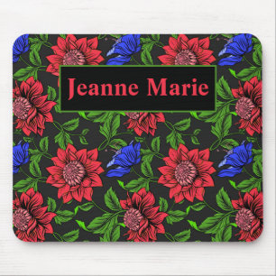 Mousepad Elegante Flor Vermelha E Azul Fundo Preto