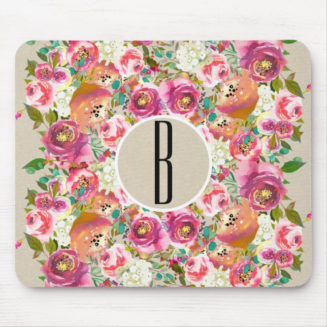 Mousepad Elegante Floral Rústico Kraft Monograma Shaby Chic (Frente)