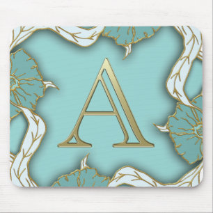 Mousepad Elegante Floral Turquoise - Monograma - letra A