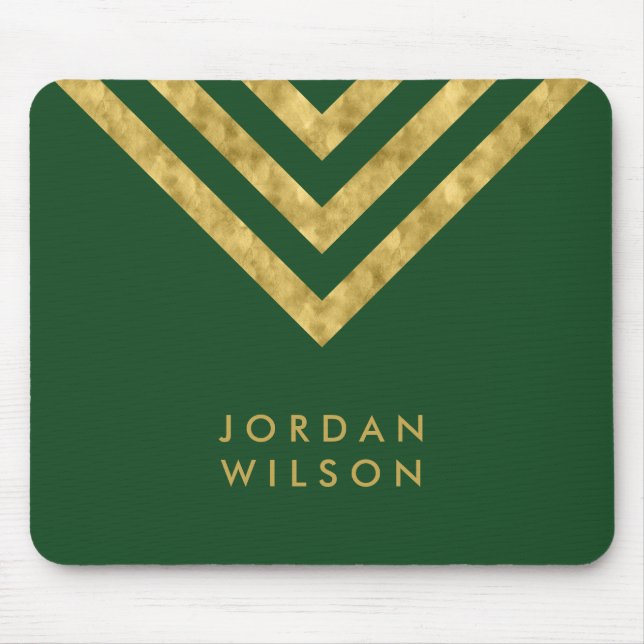 Mousepad Elegante Green Faux Dourado Name Chevron Geométric (Frente)