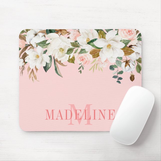Mousepad Elegante Magnolias Rosas Monograma Floral (Com mouse)