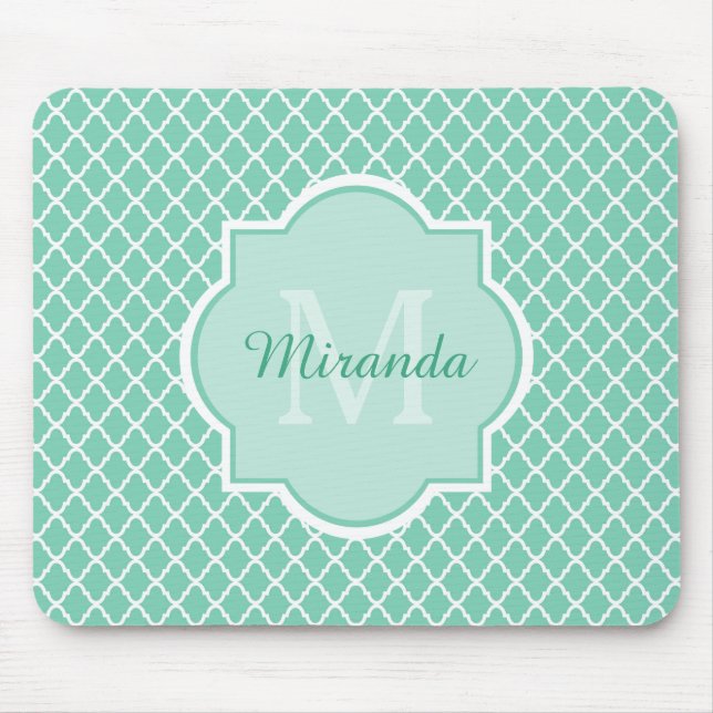 Mousepad Elegante Mint Green Quatrefoil Monograma Com Nome (Frente)