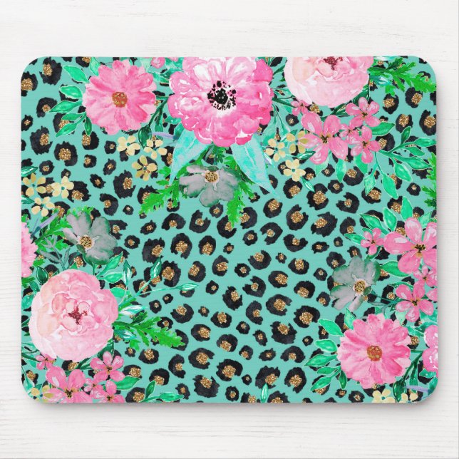 Mousepad Elegante Mint Leopard Print e Floral Design (Frente)