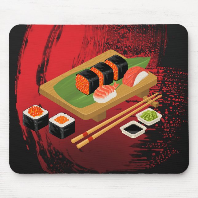 Mousepad Elegante Moderno Chic Sushi Preto e Vermelho (Frente)