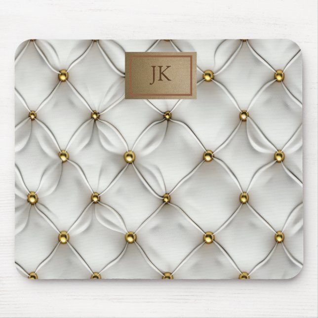 Mousepad Elegante Moderno Couro Branco Tuftado Dourado (Frente)
