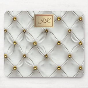 Mousepad Elegante Moderno Couro Branco Tuftado Dourado