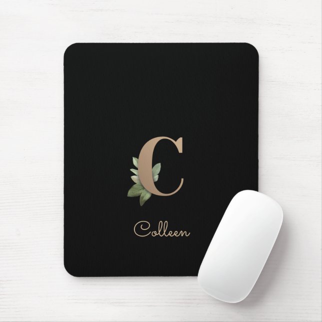 Mousepad Elegante Monograma Botânico - Letra C (Com mouse)