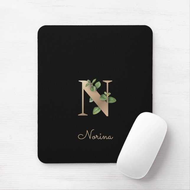 Mousepad Elegante Monograma Botânico - Letra N (Com mouse)