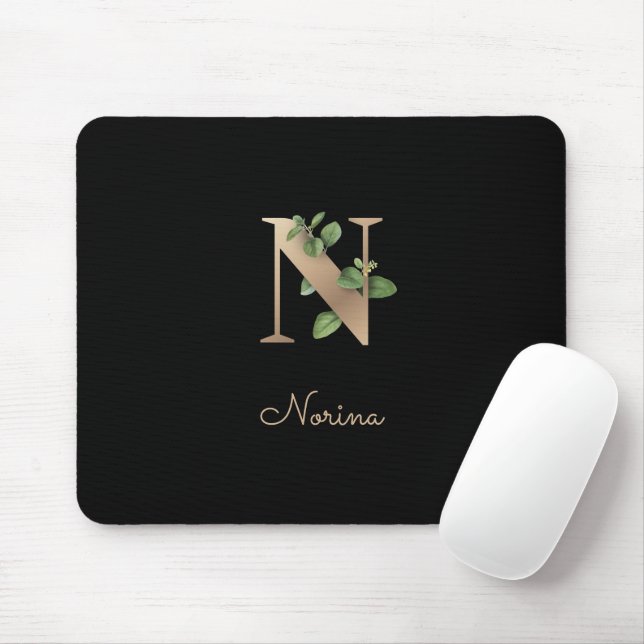 Mousepad Elegante Monograma Botânico - Letra N (Com mouse)