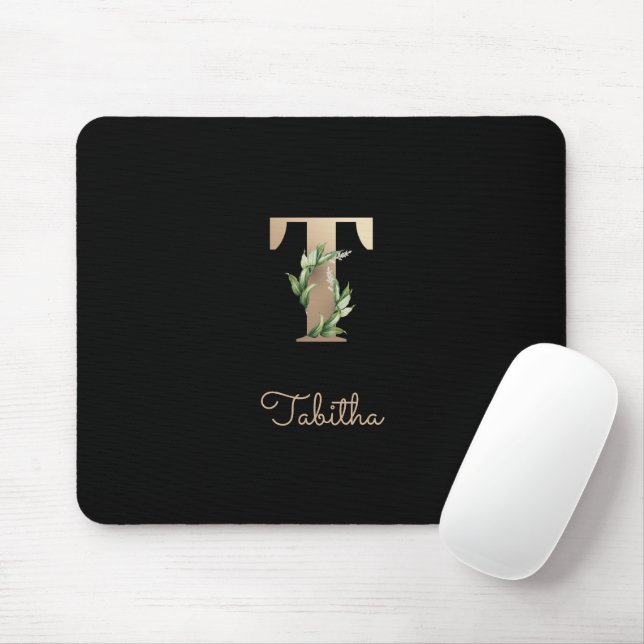 Mousepad Elegante Monograma Botânico - Letra T (Com mouse)