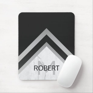 Mousepad Elegante Monograma Chevron Preto Prata em Mármore