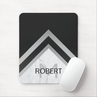 Mousepad Elegante Monograma Chevron Preto Prata em Mármore