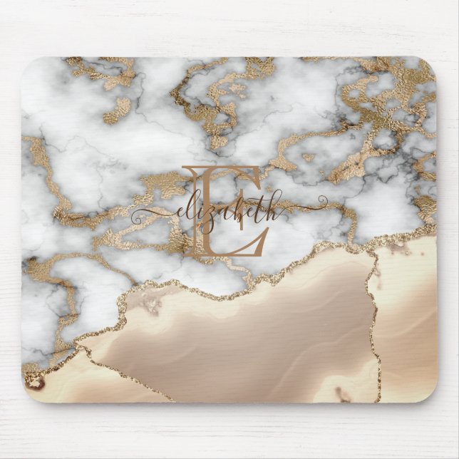 Mousepad Elegante Monograma de Mármore Creme com Brilho Dou (Frente)