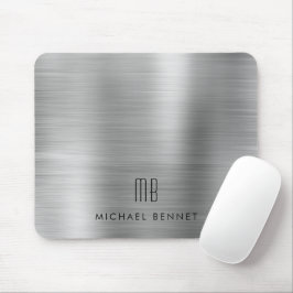 Mousepad Elegante Monograma de Nome Metálico Cinza Prata