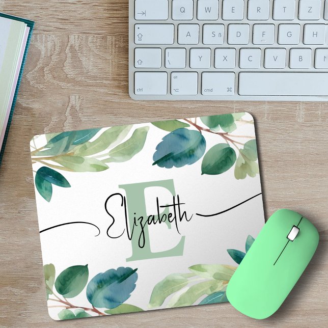 Mousepad Elegante Monograma Eucalyptus Greenery Watercolor (Criador carregado)