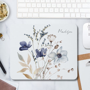 Mousepad Elegante Monograma Flor Azul Aquarela Bonita