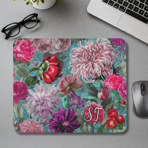 Mousepad Elegante monograma floral em azul aqua vintage