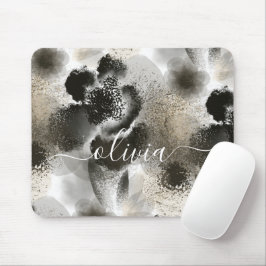 Mousepad Elegante Monograma Floral Preto Dourado com Assina