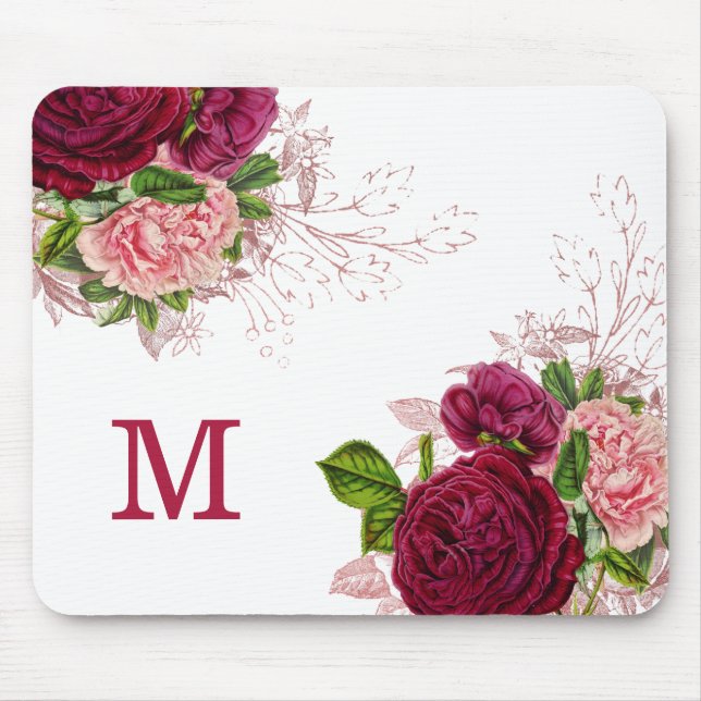 Mousepad Elegante Monograma Floral Rosa Roxo Branco (Frente)