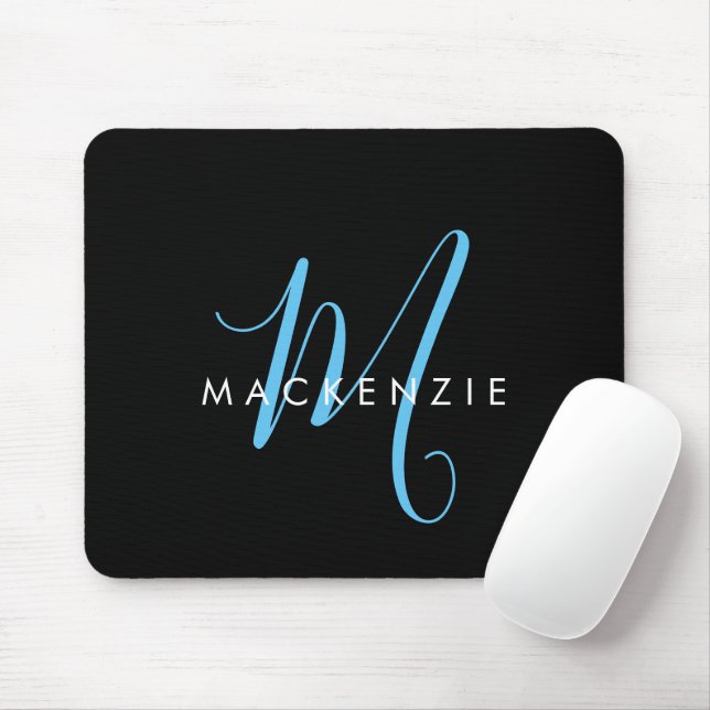 Mousepad Elegante Monograma Moderno em Preto e Azul Céu com (Com mouse)