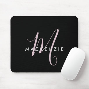 Mousepad Elegante Monograma Moderno em Preto e Rosa Script