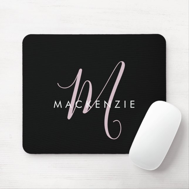 Mousepad Elegante Monograma Moderno em Preto e Rosa Script (Com mouse)