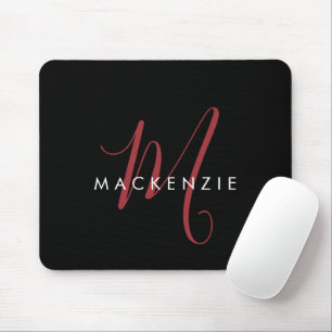 Mousepad Elegante Monograma Moderno em Script Preto Vermelh