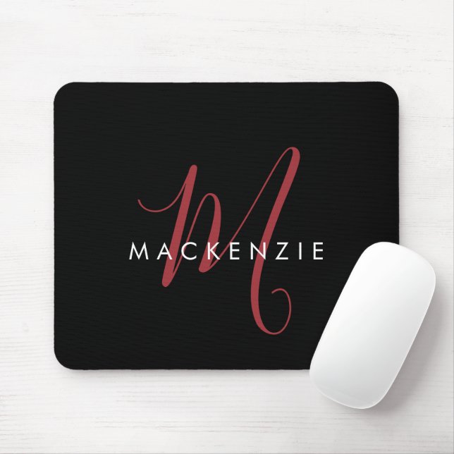 Mousepad Elegante Monograma Moderno em Script Preto Vermelh (Com mouse)