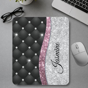 Mousepad Elegante monograma preto rosa brilho prata falso f