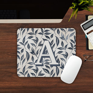 Mousepad Elegante Padrão de Folha Azul Creme Monogramado