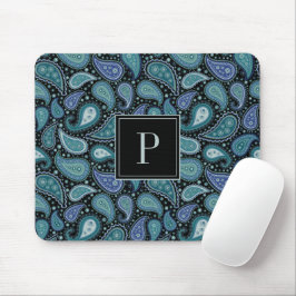 Mousepad Elegante Padrão Paisley Azul Monograma
