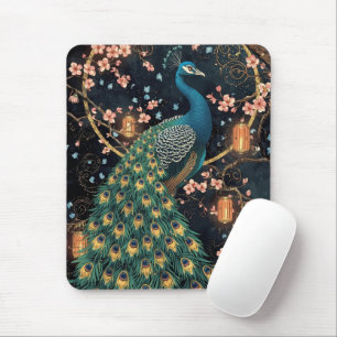 Mousepad Elegante Peacock Cherry Blossom Art