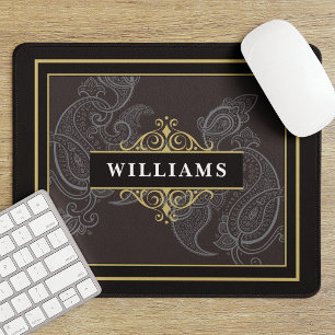 Mousepad Elegante Preto Dourado Paisley Monogramado