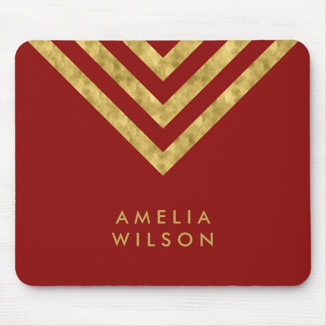 Mousepad Elegante Red Faux Dourado Name Chevron Geométrico (Frente)