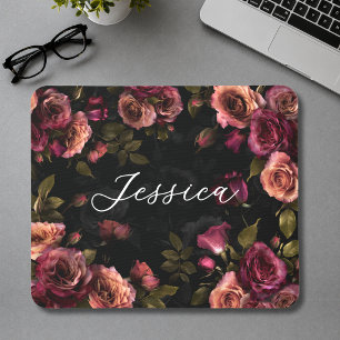 Mousepad Elegante Rosa Borgonha Botânico Floral Mal-humorad